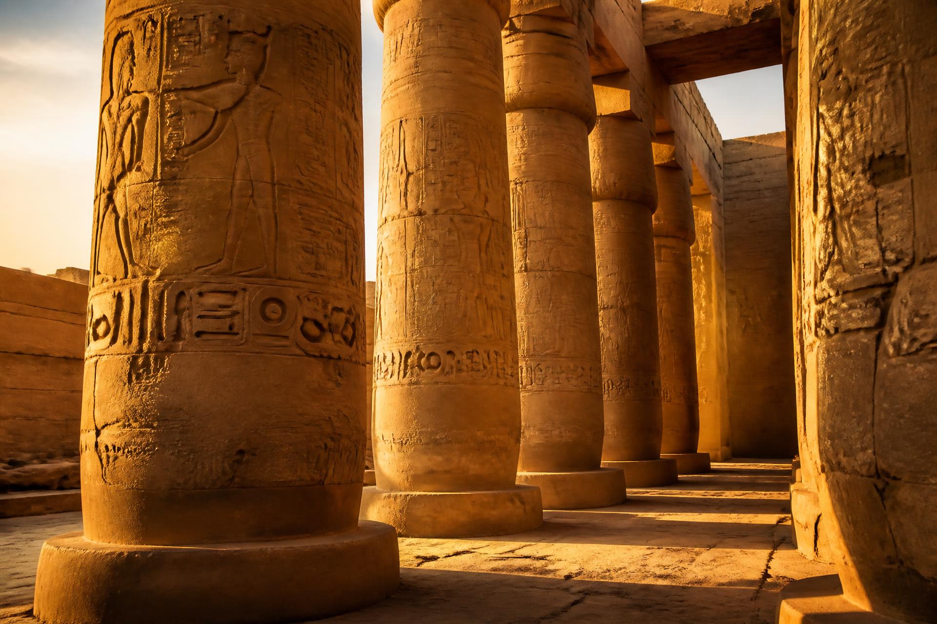 Columnata de un templo egipcio con jeroglíficos a la luz del atardecer